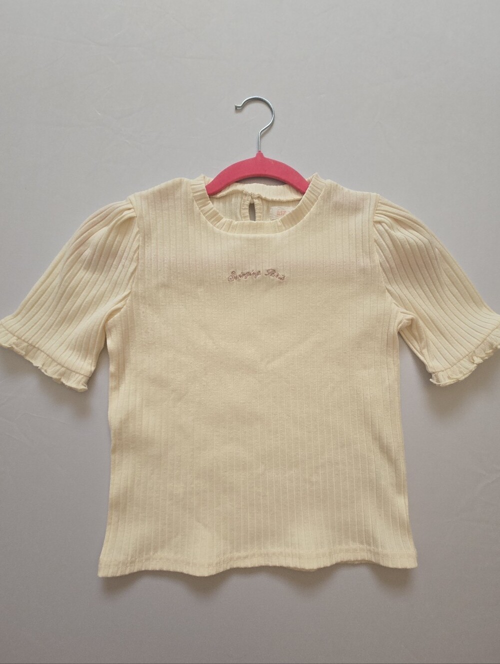 LIZ LISA Cream Ribbed Flutter Sleeve Tee with Embroidered Chest